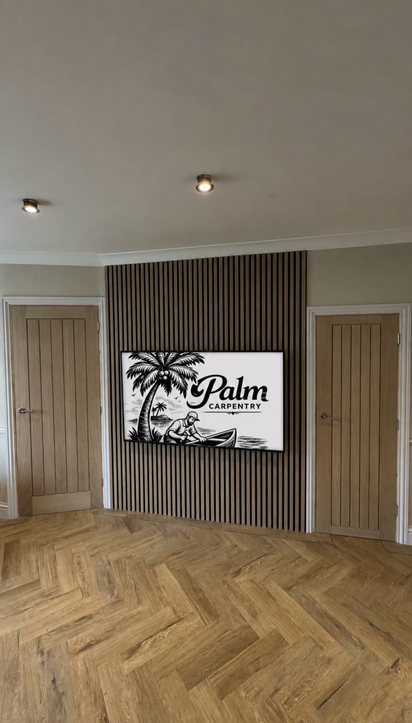 Timber slat feature wall with Palm Carpentry logo and herringbone floor